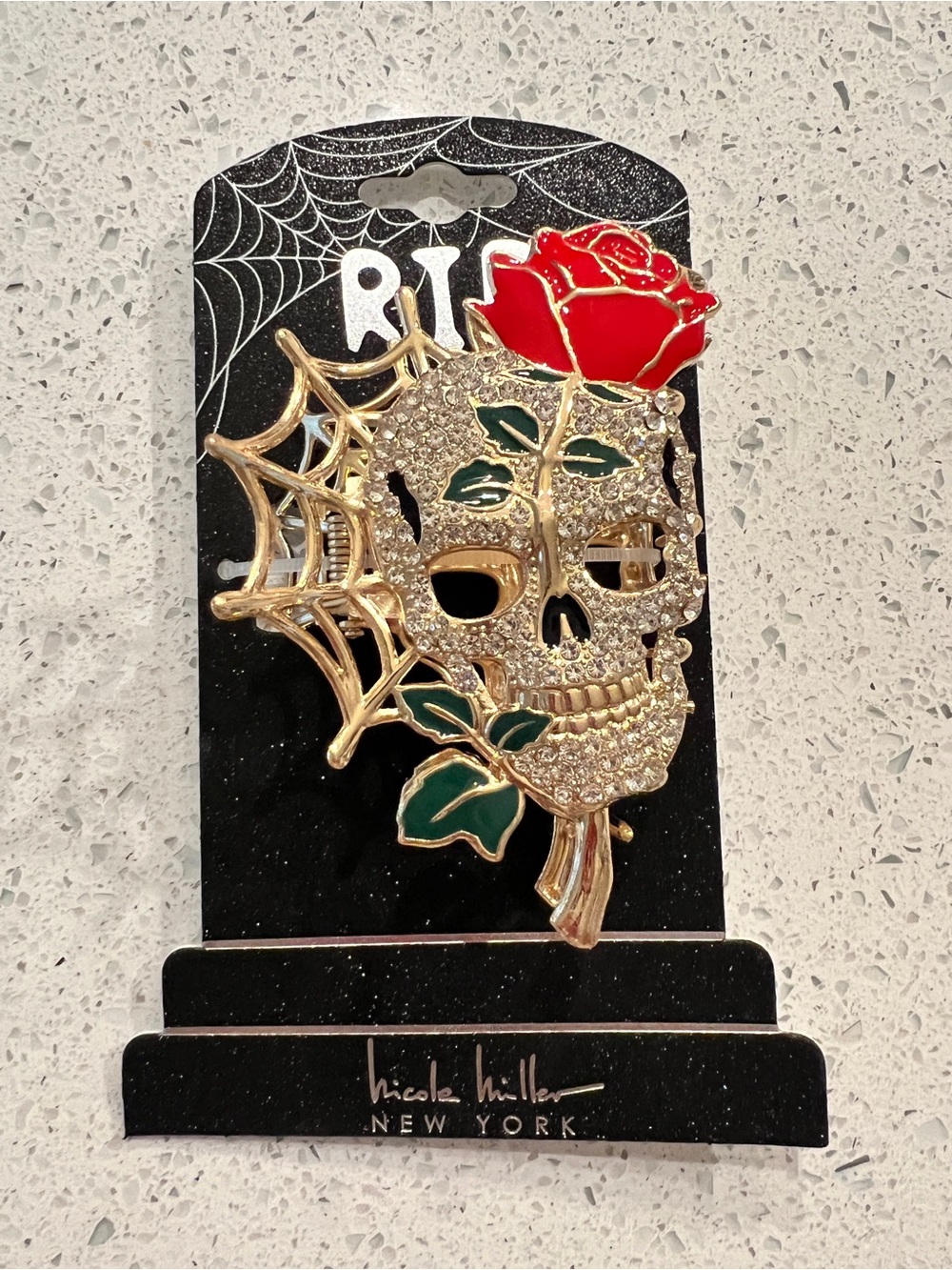 Nicole Miller Gold Crystal Skull hair clip with Red Rose